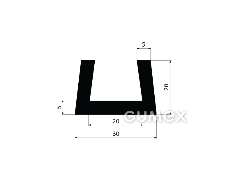 Pryžový profil tvaru "U", 20x30/20mm, 70°ShA, EPDM, -40°C/+100°C, černý